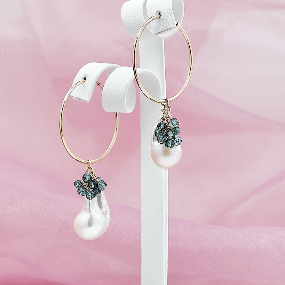 Baroque Pearl & Blue Topaz Cluster Hoop Earrings, 14K Gold Filled